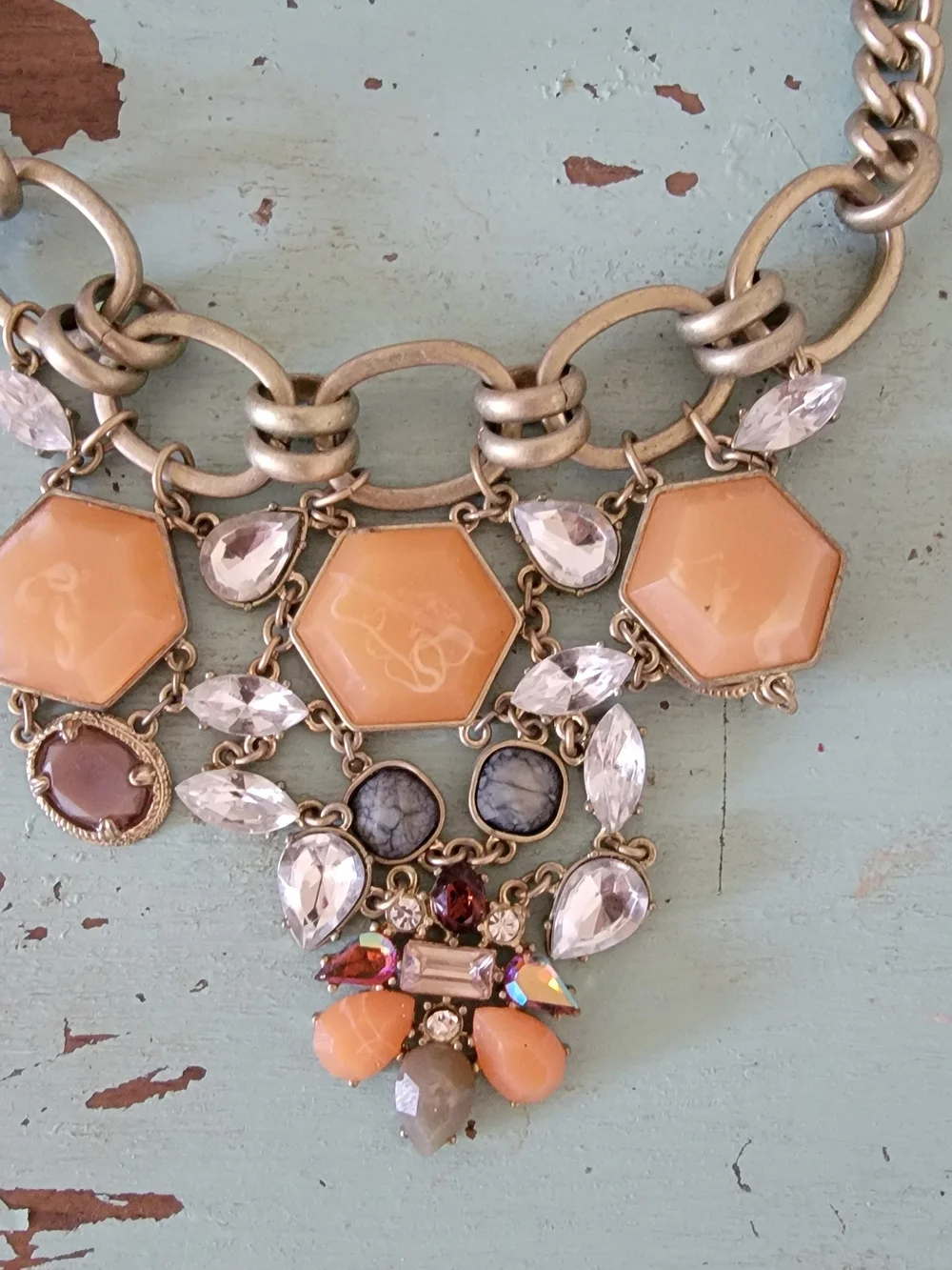 Statement Bib Necklace with Peach Gemstones and Clear Crystals - Picture 2 of 4
